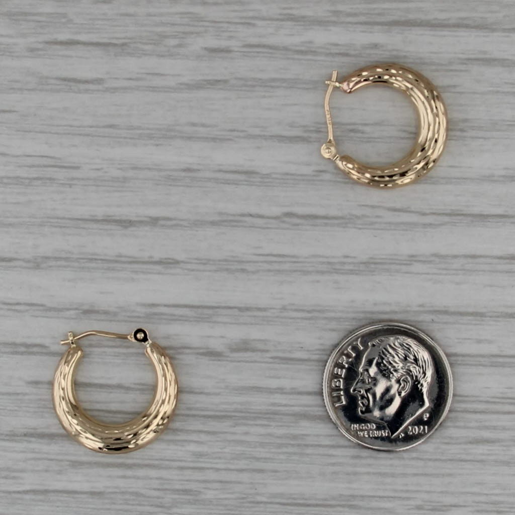 Small Etched Hoop Earrings 14k Yellow Gold Snap Top Round Hoops