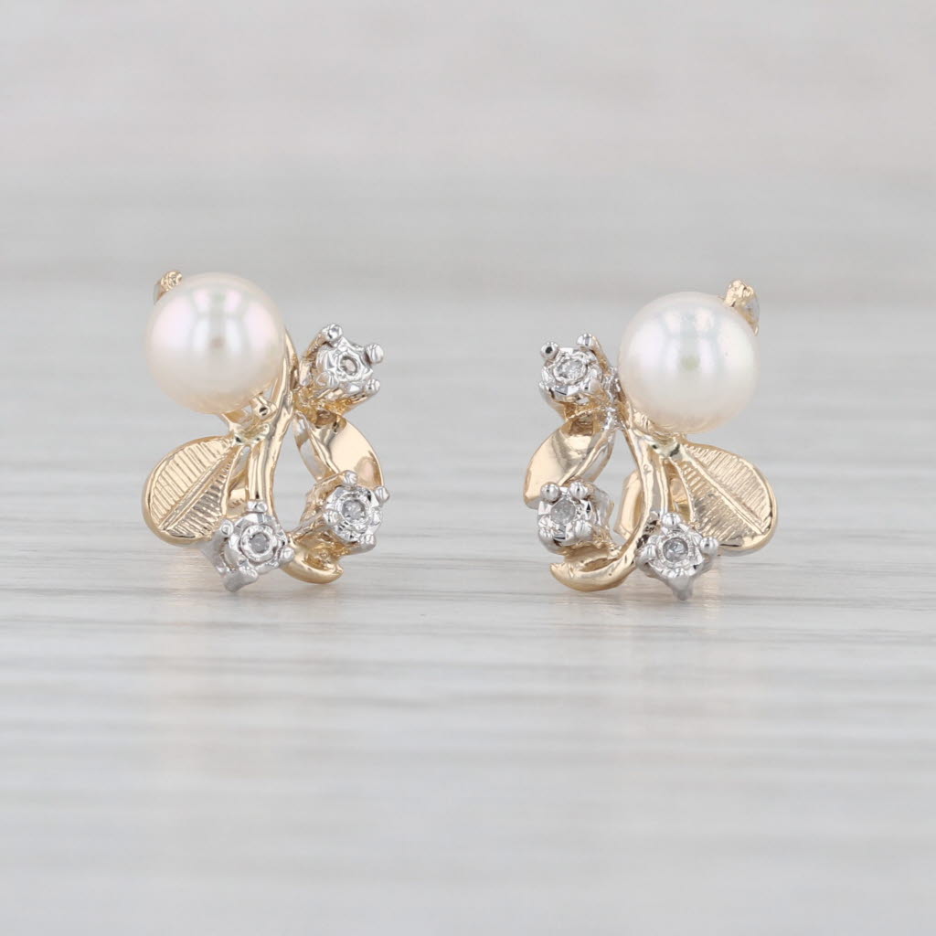 Cultured Pearl Diamond Flower Stud Earrings 14k Yellow Gold Studs