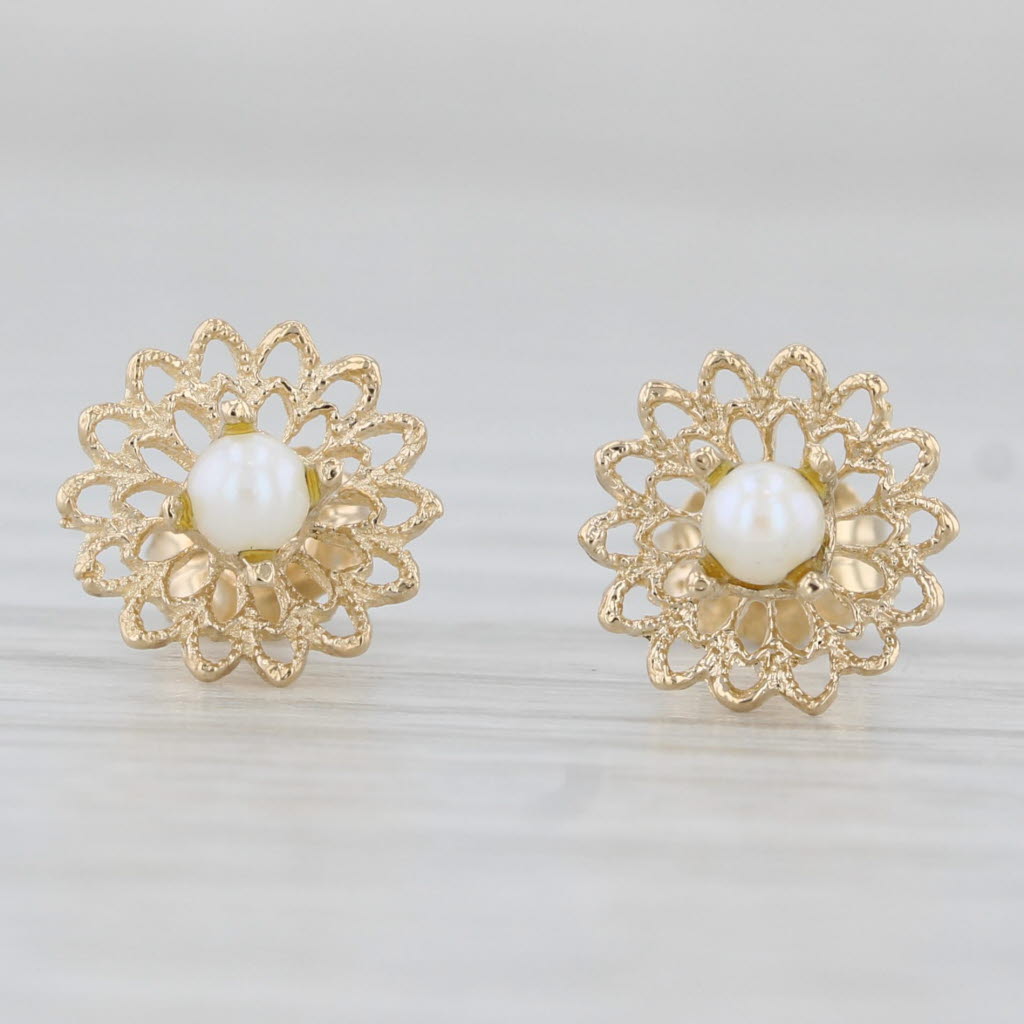 Light Gray Cultured Pearl Flower Stud Earrings 14k Yellow Gold