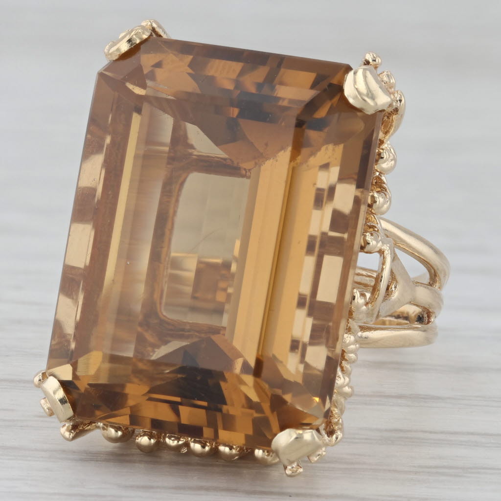 Gray 31ct Smoky Quartz Cocktail Ring 14k Yellow Gold Size 7.25 Emerald Cut Solitaire