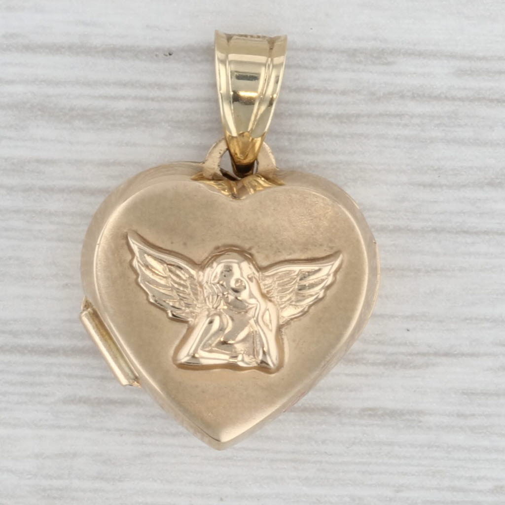 Guardian Angel Cherub Heart Picture Locket Pendant 10k Yellow Gold