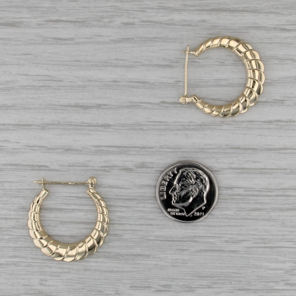 Tapering Scalloped Croissant Hoop Earrings 14k Yellow Gold Snap Top Round Hoops