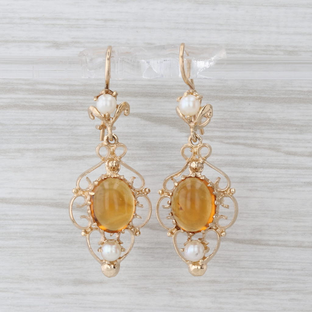 Vintage Citrine Cultured Pearl Dangle Earrings 14k Yellow Gold Hook Posts