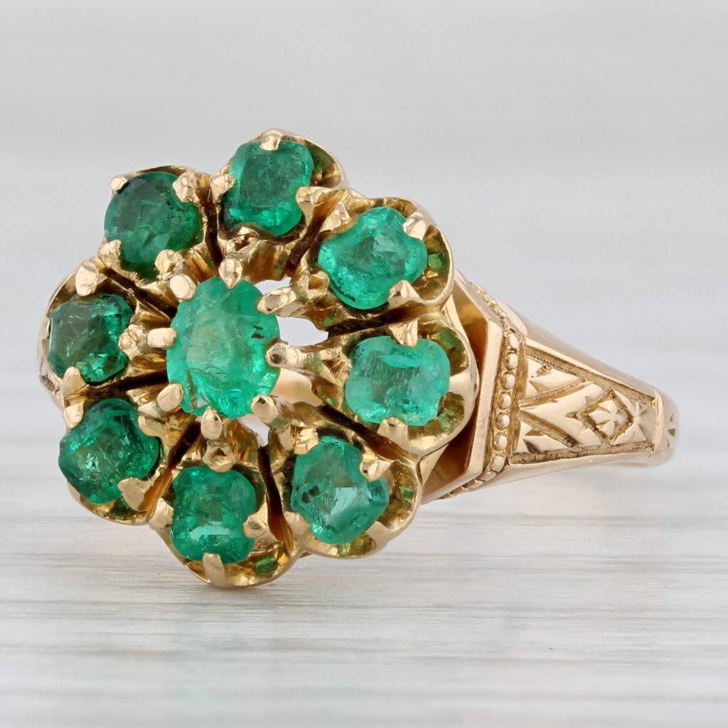 Light Gray Antique 1.10ctw Emerald Flower Cluster Ring 16k Yellow Gold Size 8 AS IS