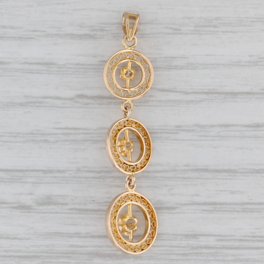 Gray Vintage Diamond 3-Stone Filigree Drop Pendant 10k Yellow Gold