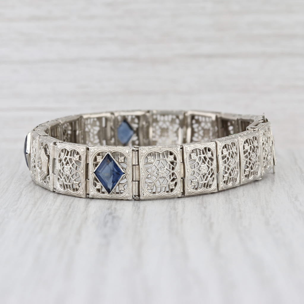 Art Deco Filigree Bracelet Diamond Imitation Sapphire 14k White Gold 7" 11mm