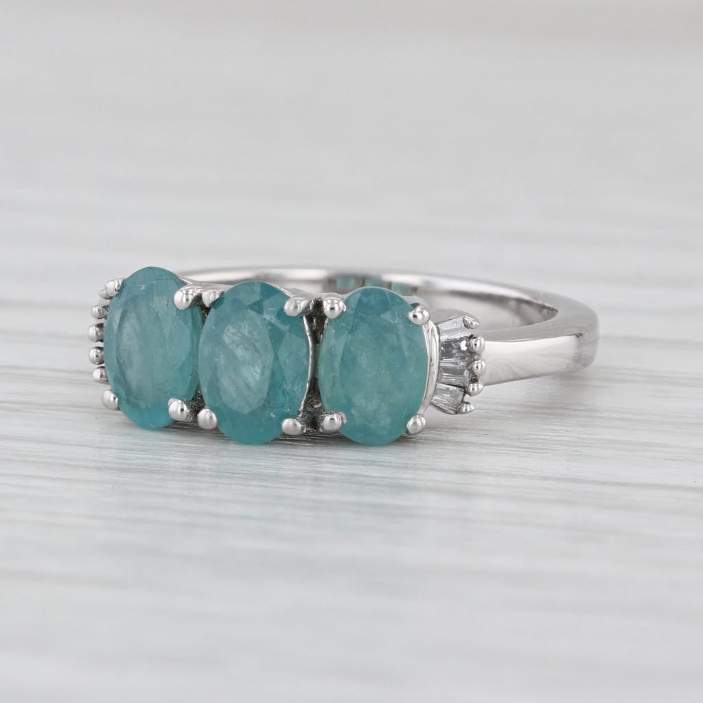 1.69ctw Teal Blue Topaz 3-Stone Ring 10k White Gold Size 5.25 Diamond Accents