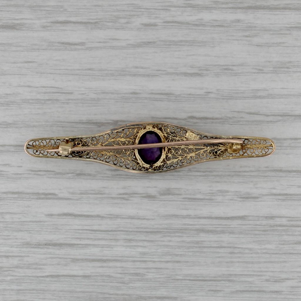 Vintage 1.05ct Amethyst Seed Pearl Filigree Bar Brooch 14k Yellow Gold Pin