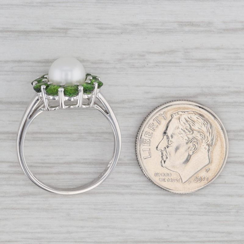 Cultured Pearl Green Chrome Diopside Halo Ring 10k White Gold Size 7