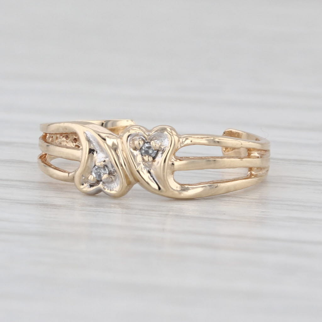 Diamond Accented Hearts Bypass Toe Ring 10k Yellow Gold Adjusable Size