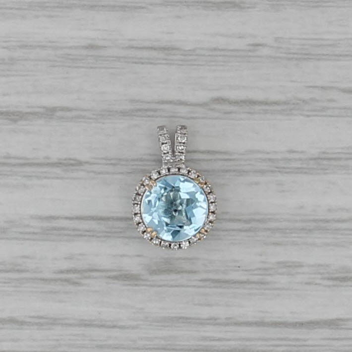 1.45ctw Blue Topaz Diamond Halo Pendant 14k White Gold Small Drop