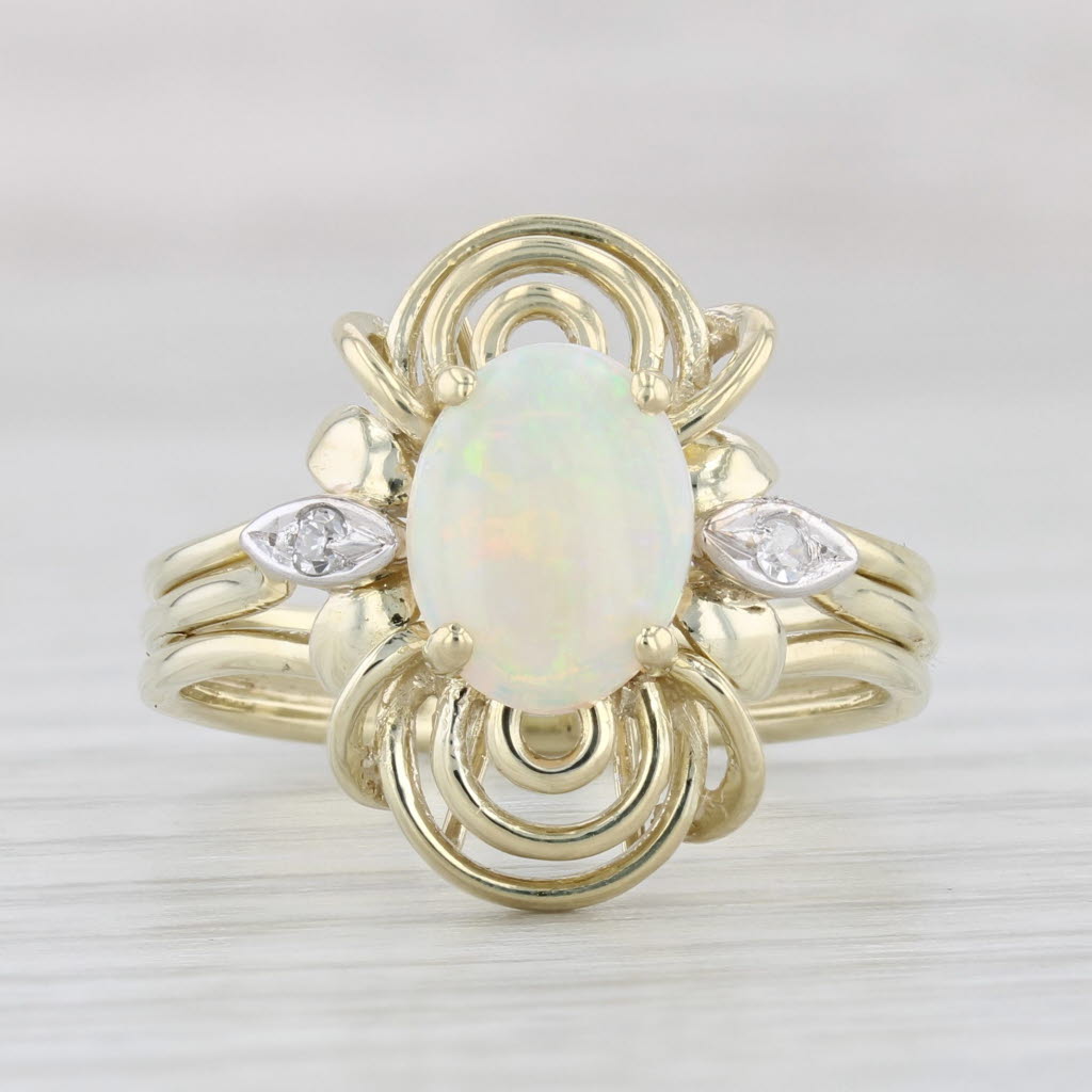 Light Gray Oval Opal Cabochon Diamond Ring 14k Yellow Gold Size 7