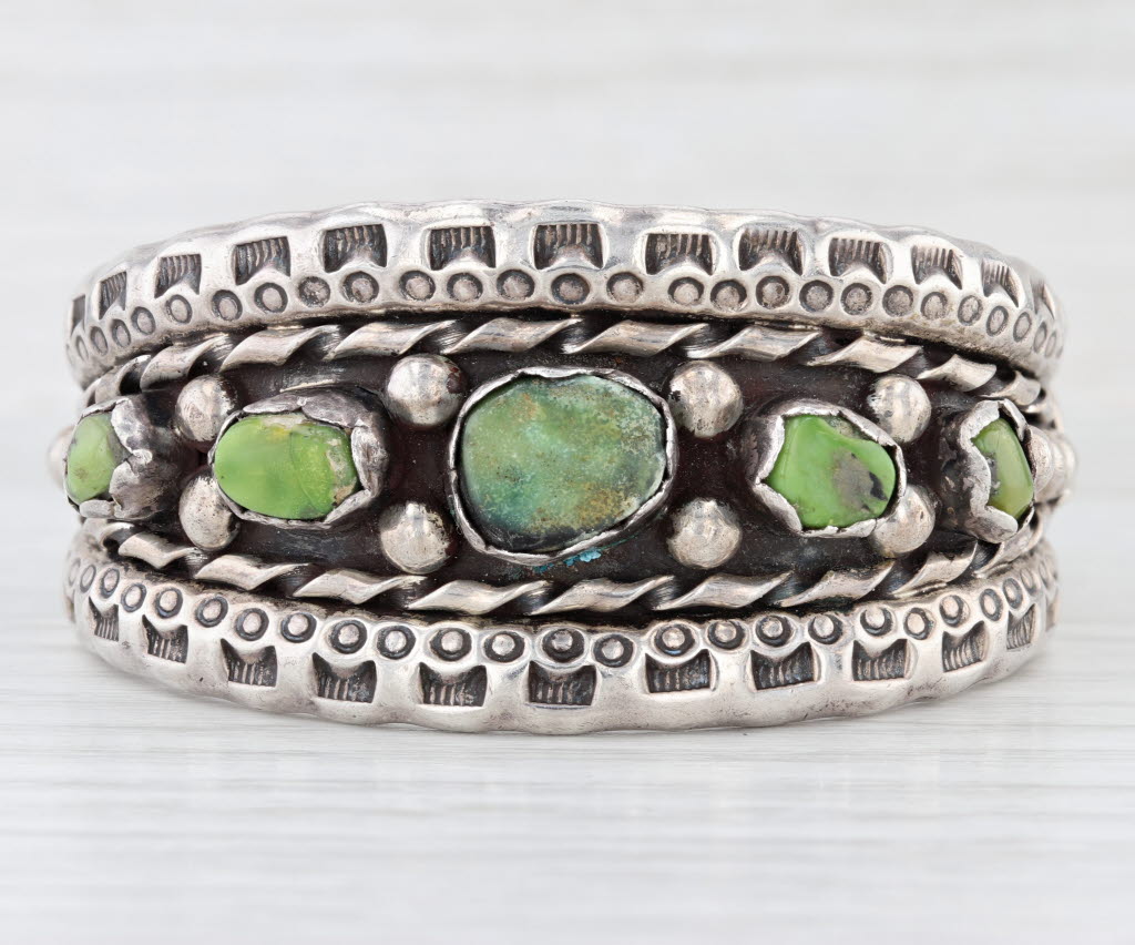 Native American Green Turquoise Cuff Bracelet Sterling Silver Vintage Artisan PJ