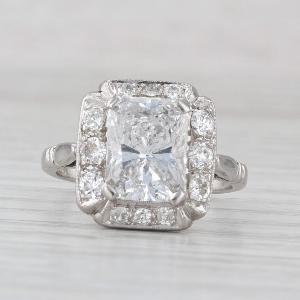 3.74ctw Rectangle Diamond Halo Engagement Ring Platinum Size 7.5 GIA E Color