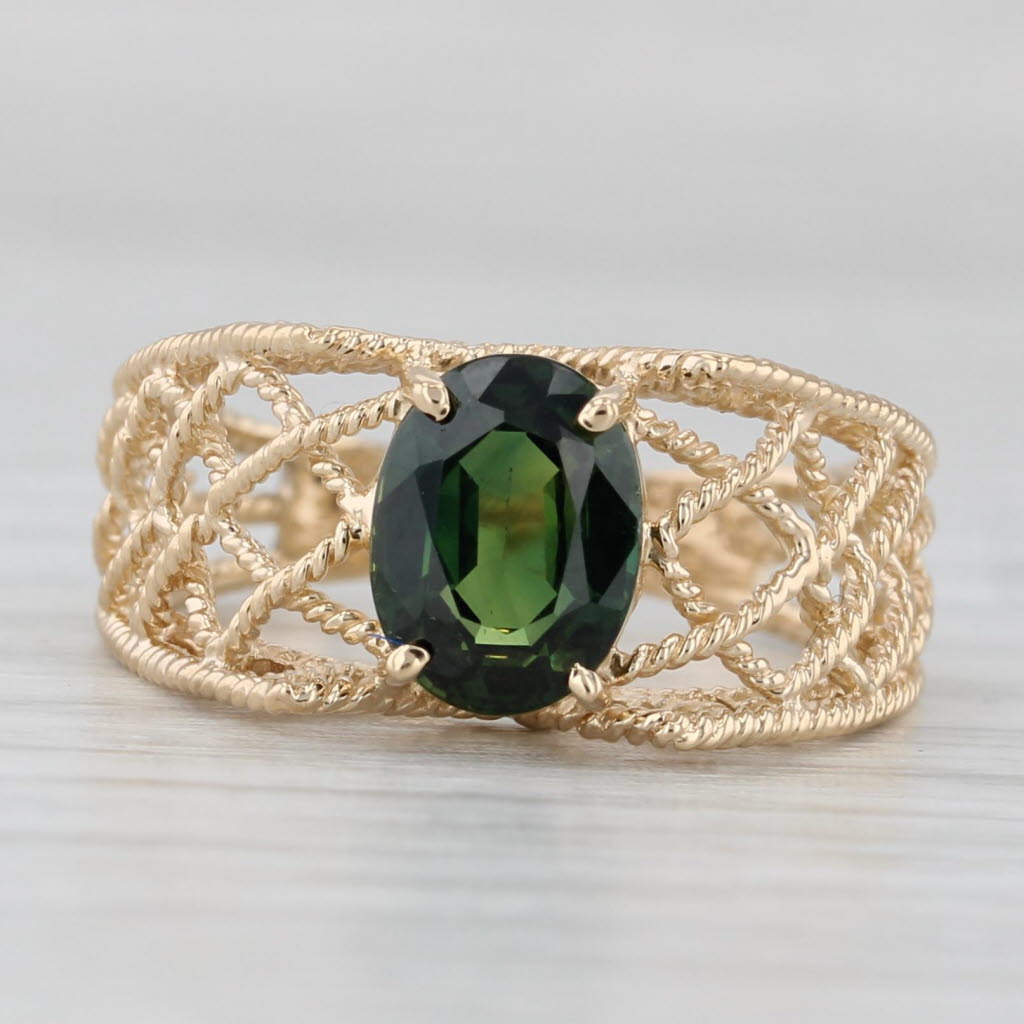 Gray 1.60ct Oval Green Sapphire Solitaire Lattice Work Ring 14k Yellow Gold Size 6