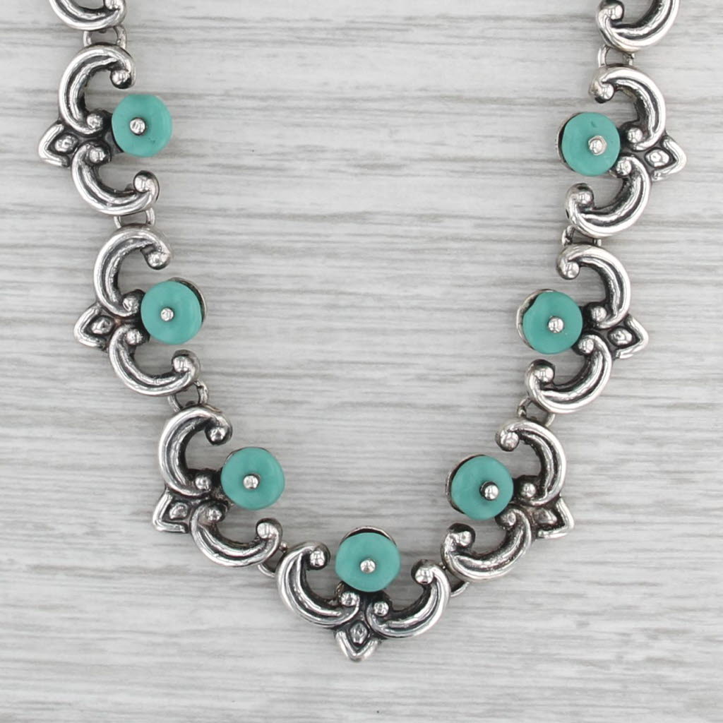 Glass Bead Curved Ornate Link Necklace Sterling Silver Taxco Mexico 14.75"