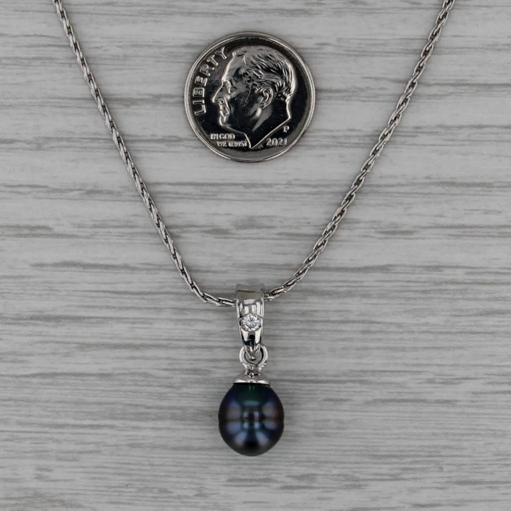 Cultured Black Pearl Diamond Pendant Necklace 14k White Gold 18" Wheat Chain