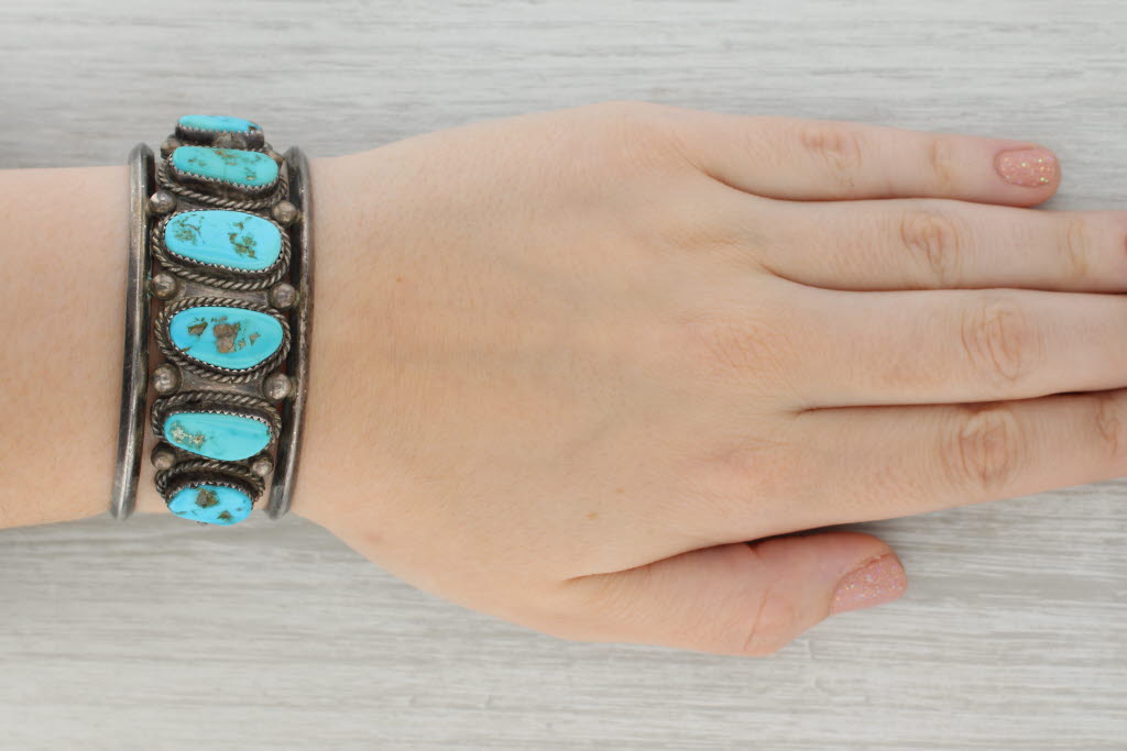 Dark Gray Native American Turquoise Cuff Bracelet Sterling Silver Vintage Mar Kaya 6.75"