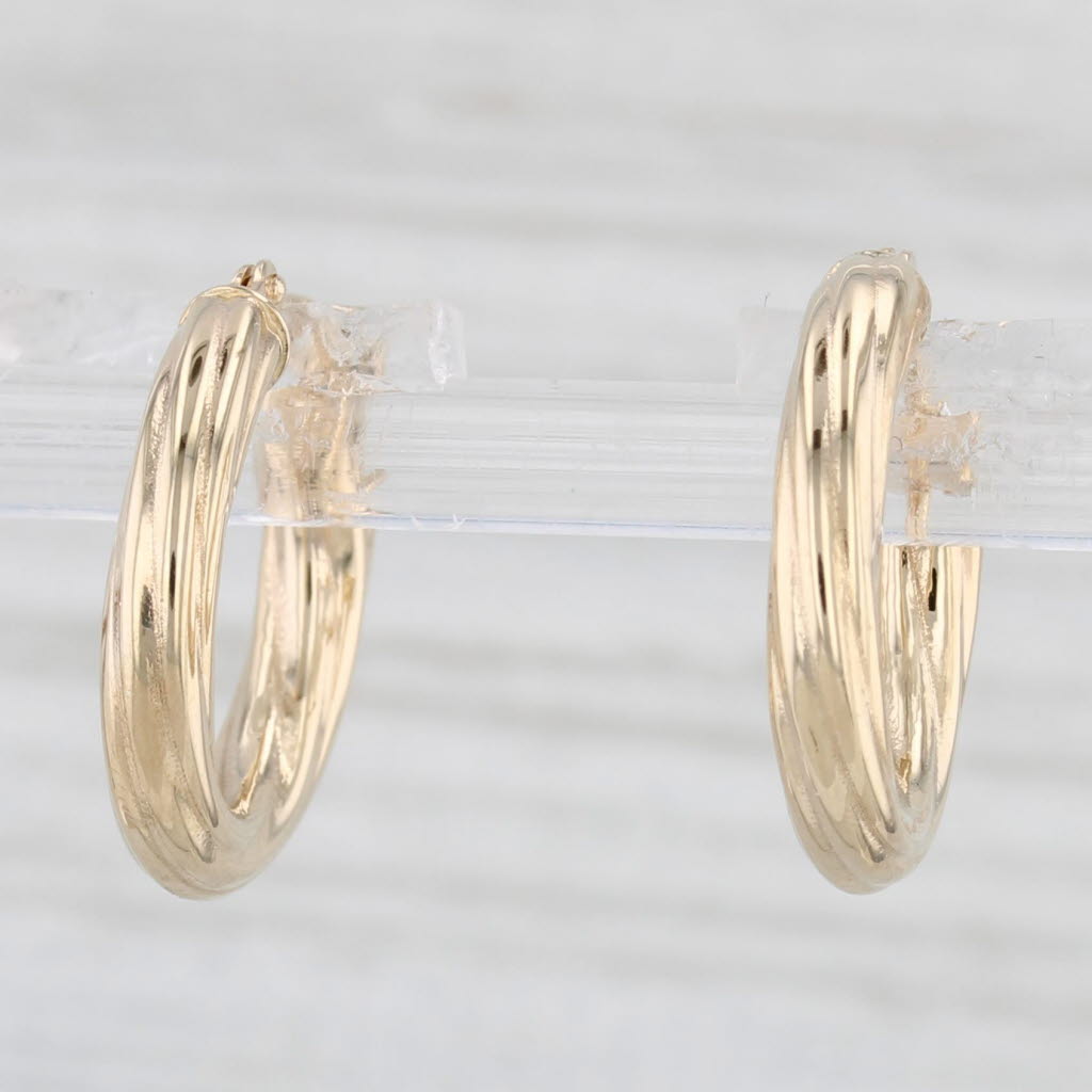 Light Gray Woven Beveled Small Hoop Earrings 14k Yellow Gold Snap Top Round Hoops