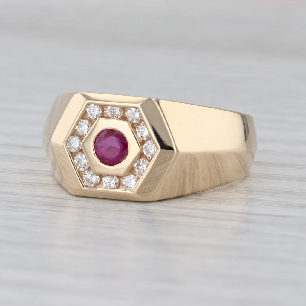 Ruby Diamond Halo Ring 14k Yellow Gold Size 10.25 Vintage Men's