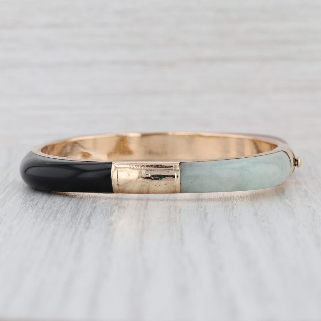Jadeite Jade Onyx Bangle Bracelet 14k Rose Gold 7" 7.3mm