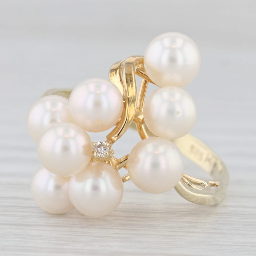 Light Gray Pearl Cluster Ring 14k Yellow Gold Size 7.5 Diamond Accent