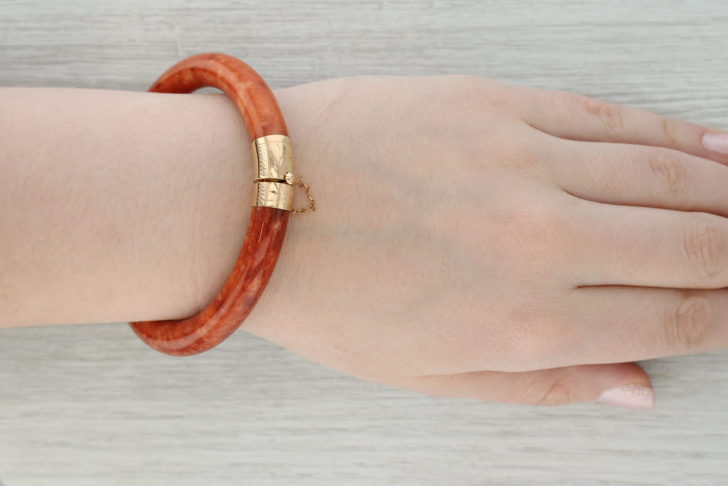 Gray Red Orange Jadeite Jade Engraved Flowers Bangle Bracelet 14k Yellow Gold 7.75"