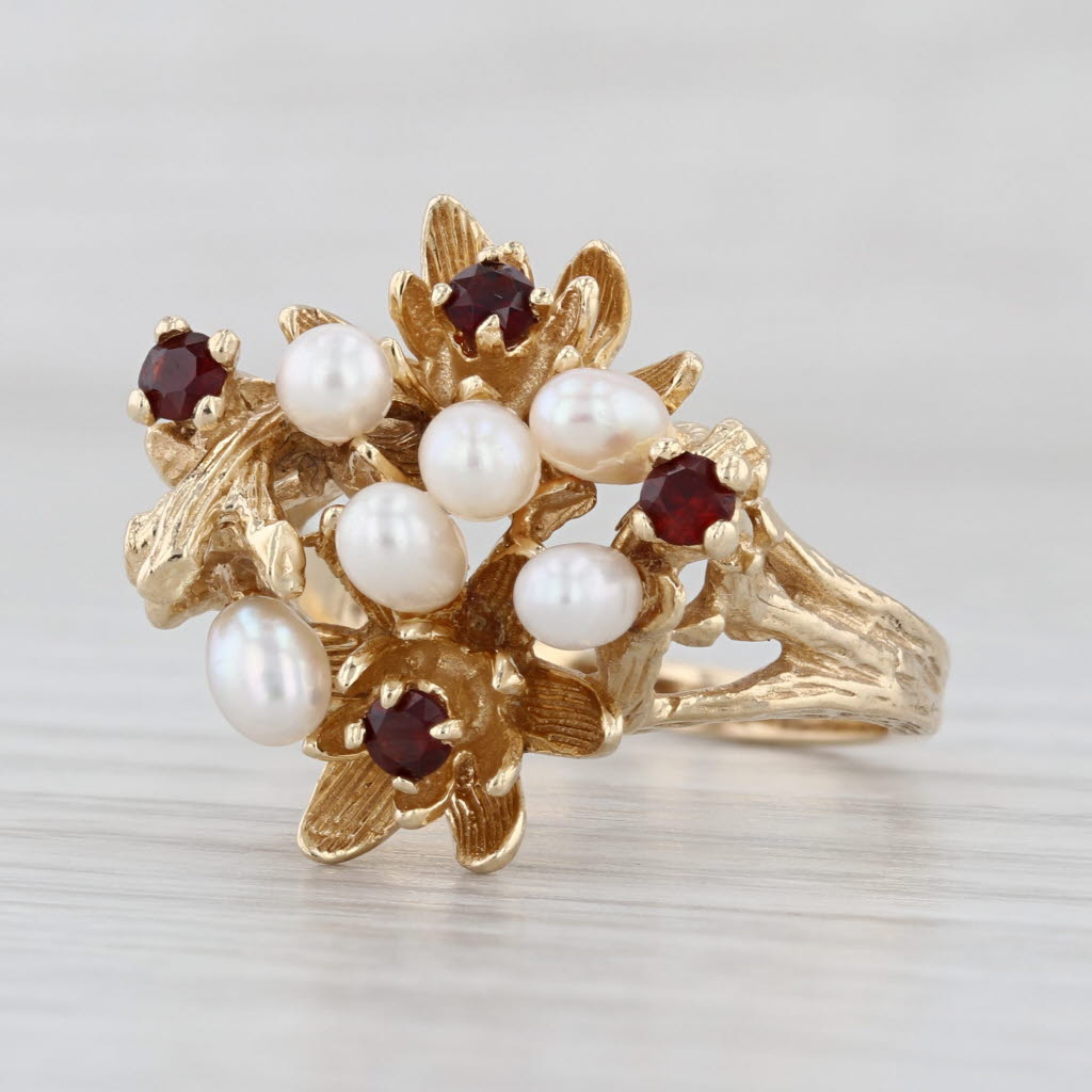 Cultured Pearl Clusters Garnet Flowers Ring 14k Yellow Gold Size 7.5