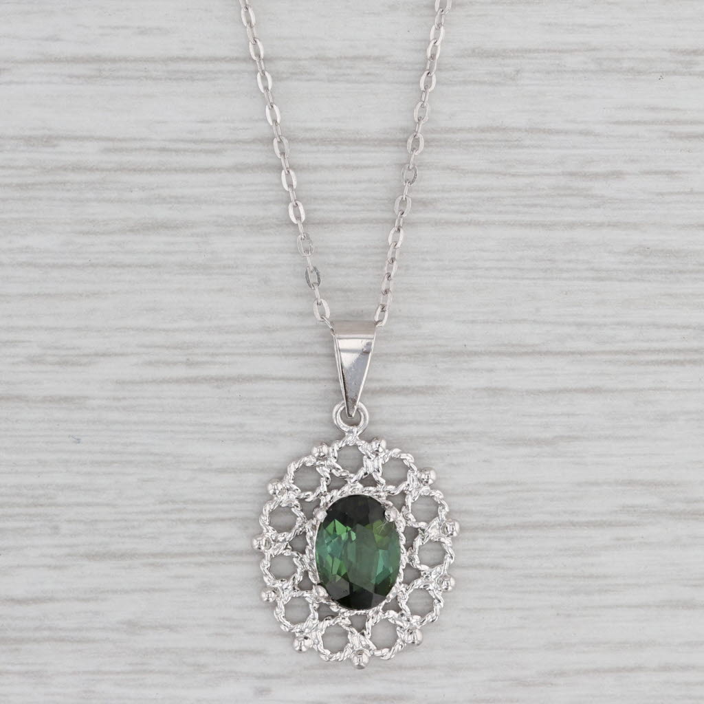 Gray 1.35ct Green Tourmaline Pendant Necklace 18k White Gold 18" Cable Chain