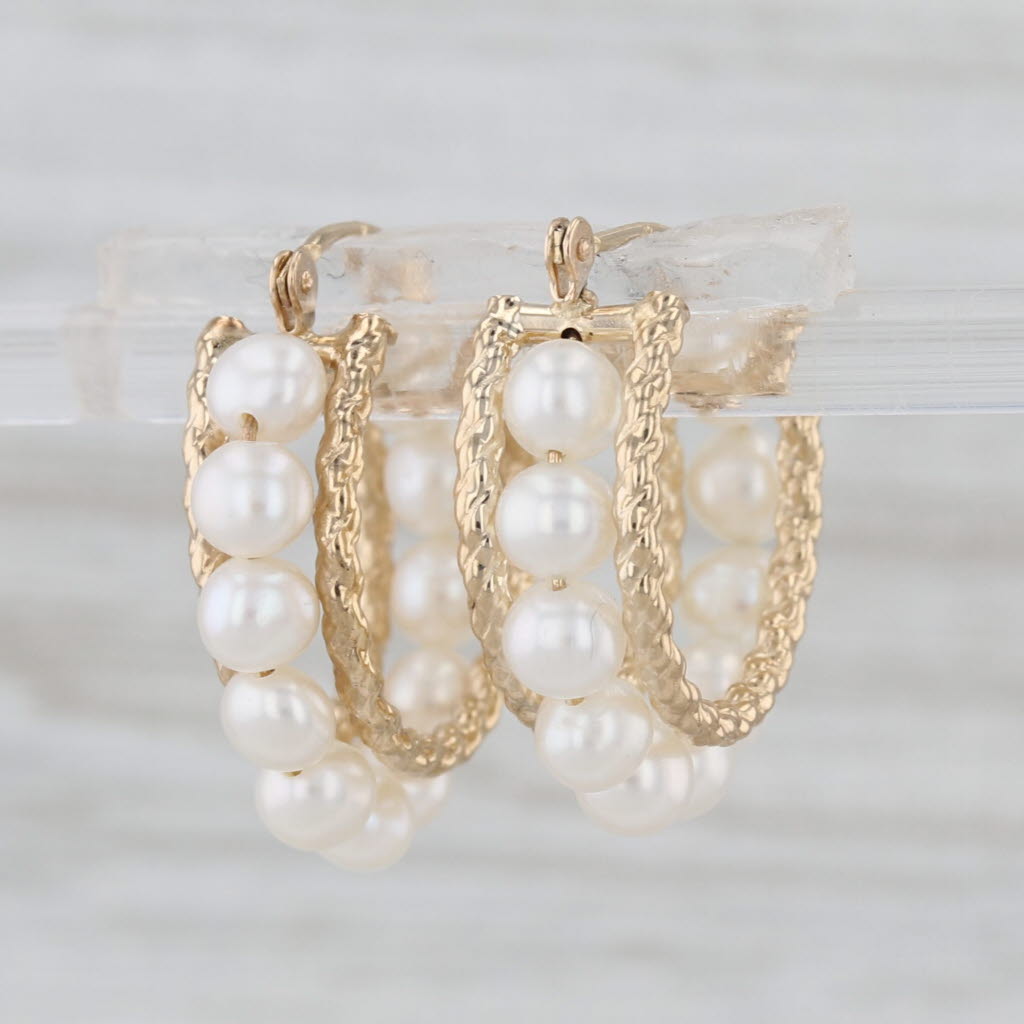 Cultured Pearl Hoop Earrings 10k Yellwo Gold Snap Top Round Hoops