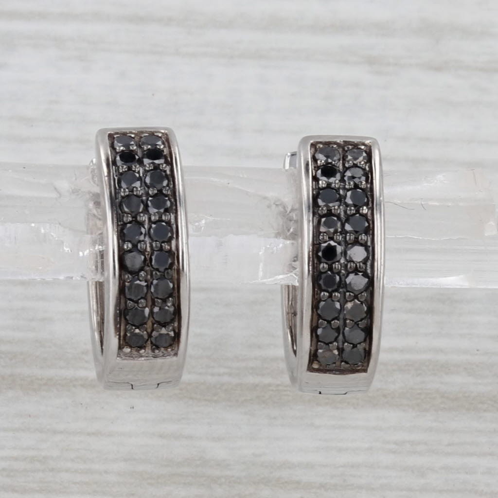 0.25ctw Black Diamond Hoop Huggie Earrings 10k White Gold Snap Top Round Hoops
