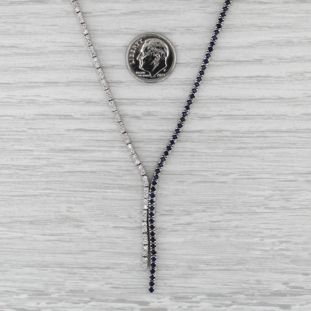 2.40ctw Blue Sapphire Diamond Lariat Tennis Necklace 14k White Gold 16-18"