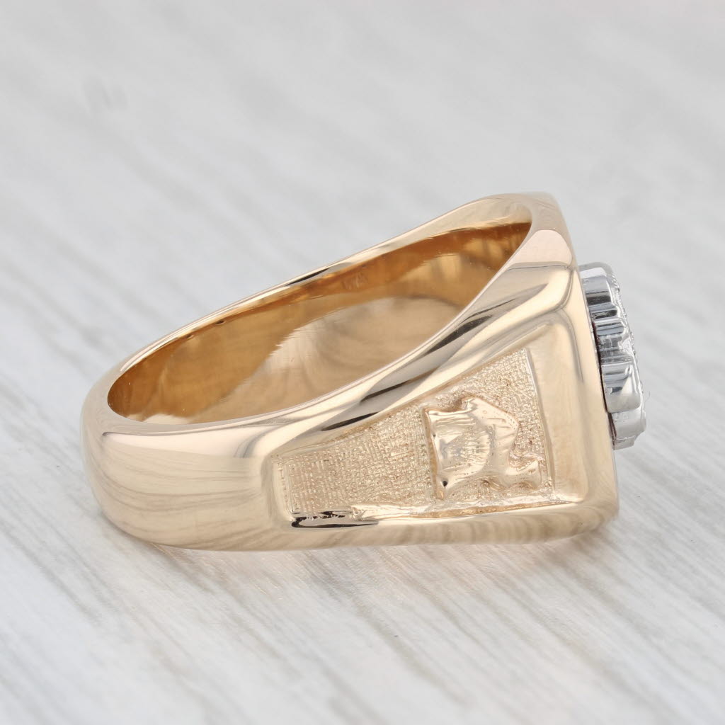 Light Gray Diamond Shriners Masonic Signet Ring 14k Gold Platinum Scimitar Crescent Fez