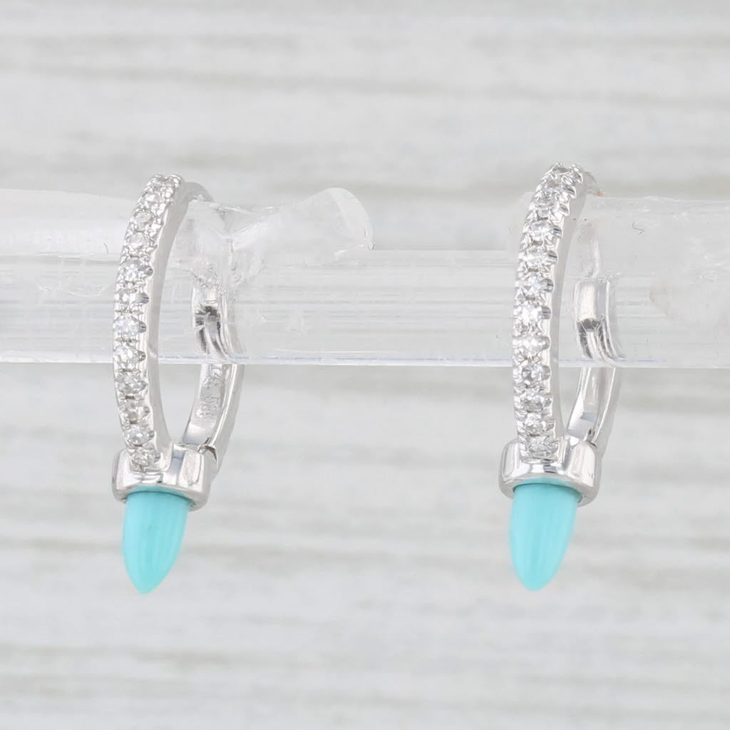 Light Gray New Turquoise Diamond Hoop Earrings 14k White Gold Huggie Hoops