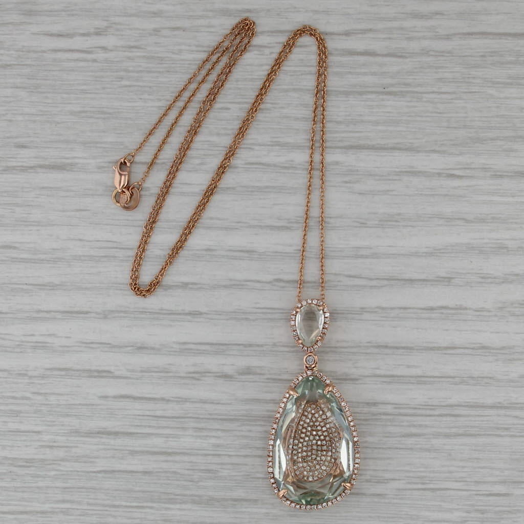 12.08ctw Prasiolite Green Amethyst Diamond Pendant Necklace 14k Rose Gold 18.5"