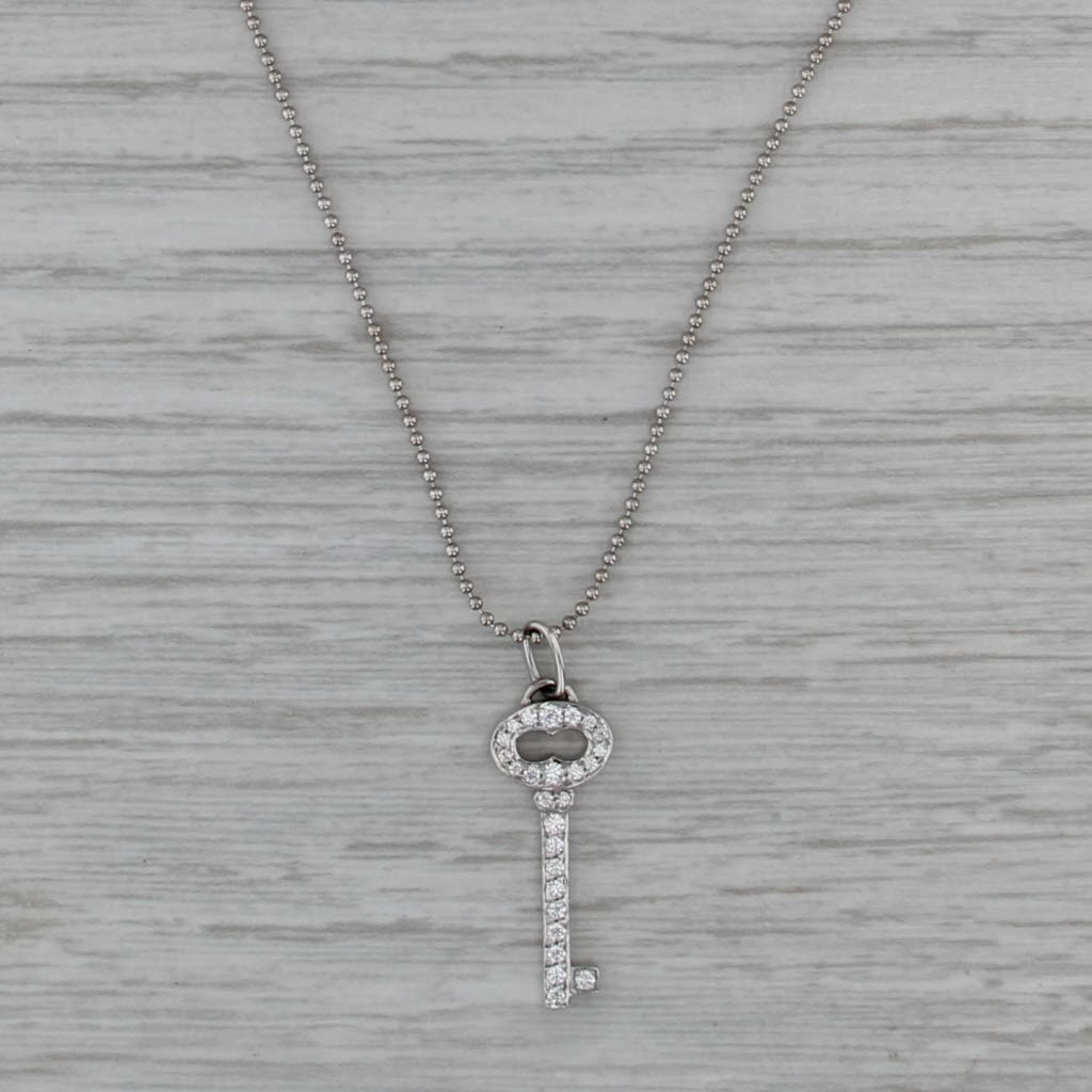 Tiffany 0.16ctw Diamond Key Pendant Necklace w/ Box 18k Gold 18" Bead Chain