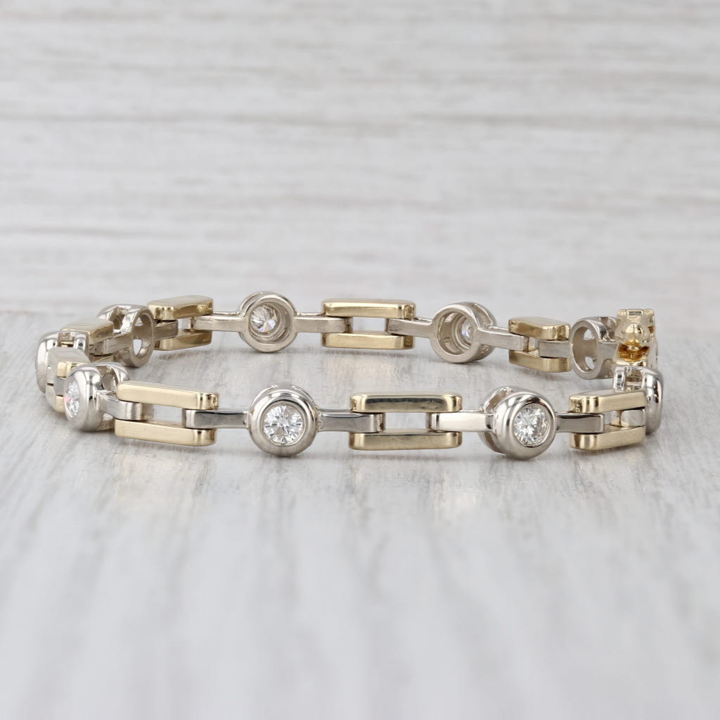 1ctw Diamond Bar & Circle Link Bracelet 14k Yellow White Gold 6.75" 5.7mm