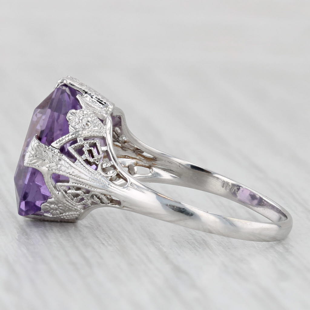 Light Gray Vintage 5.72ctw Amethyst Diamond Ring 18k White Gold Filigree Size 6.75