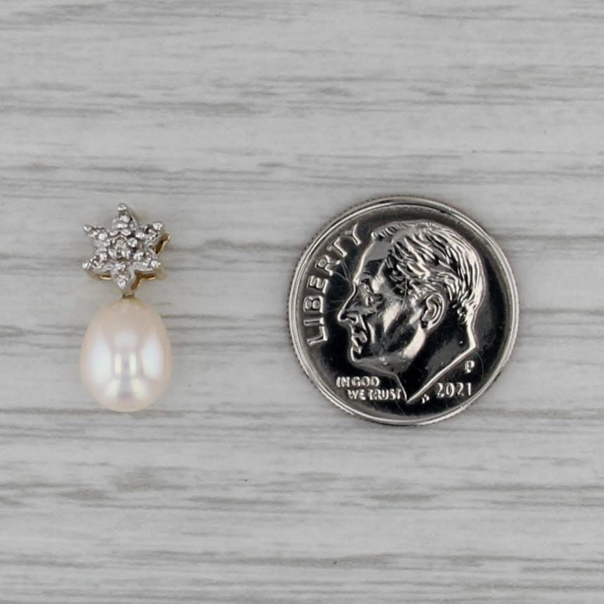 Cultured Pearl Diamond Star Pendant 14k Yellow Gold Small Drop