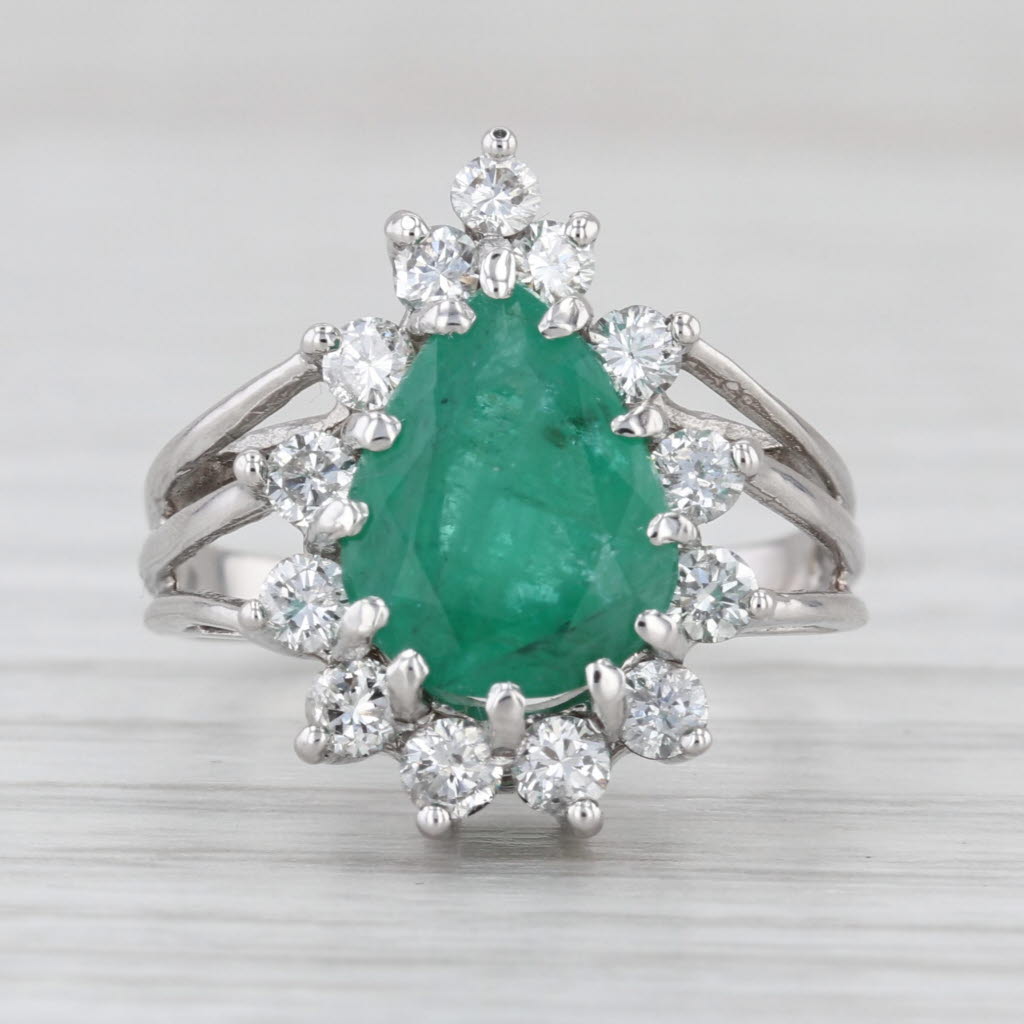 2.37ctw Pear Emerald Diamond Halo Ring 14k White Gold Size 5.25 Engagement