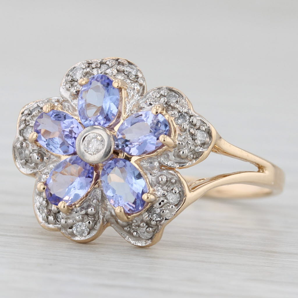 Light Gray 1.08ctw Tanzanite Diamond Flower Ring 14k Yellow Gold Size 6.5