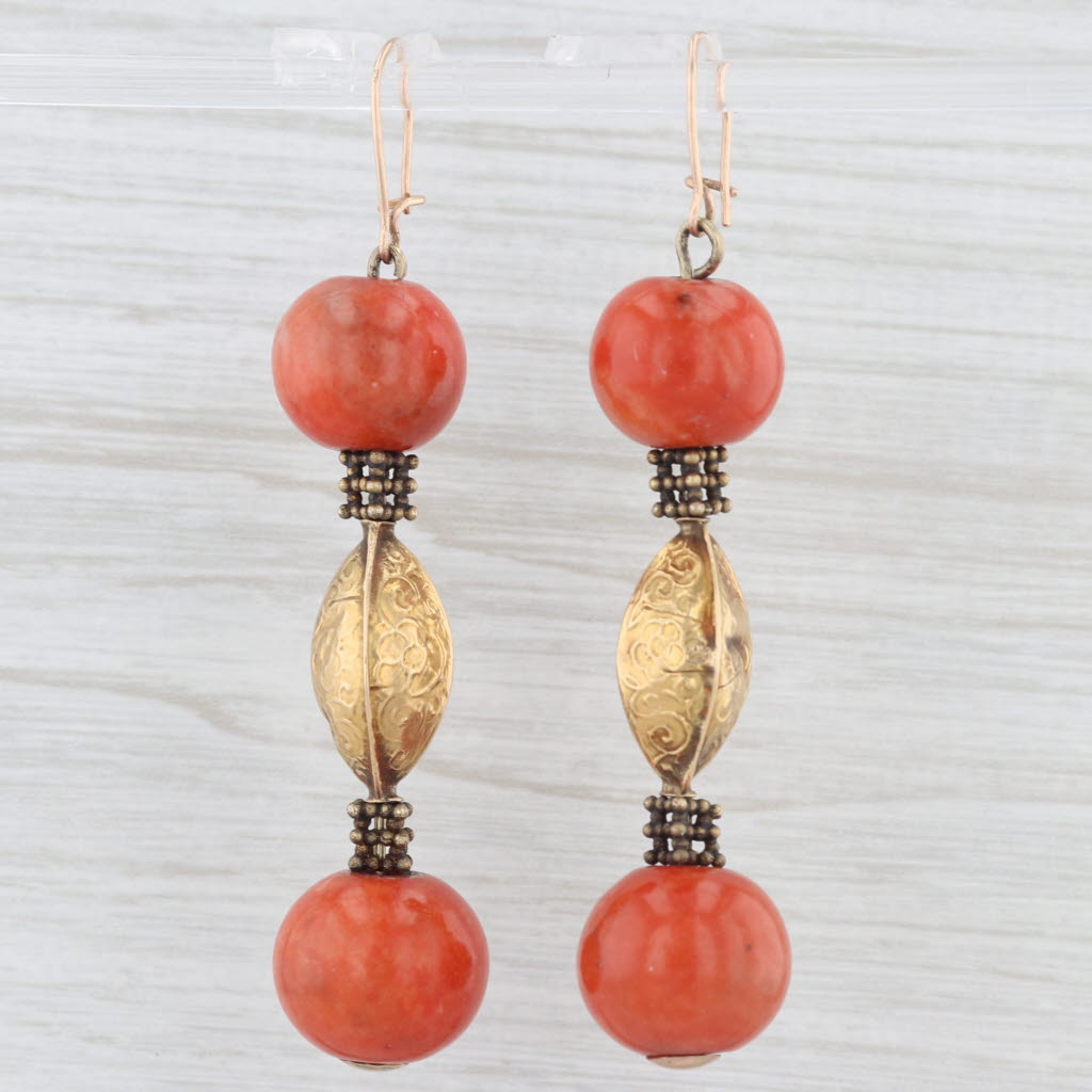 Light Gray Antique Coral Bead Dangle Earrings 18k Gold Ornate Floral Drops Hook Posts