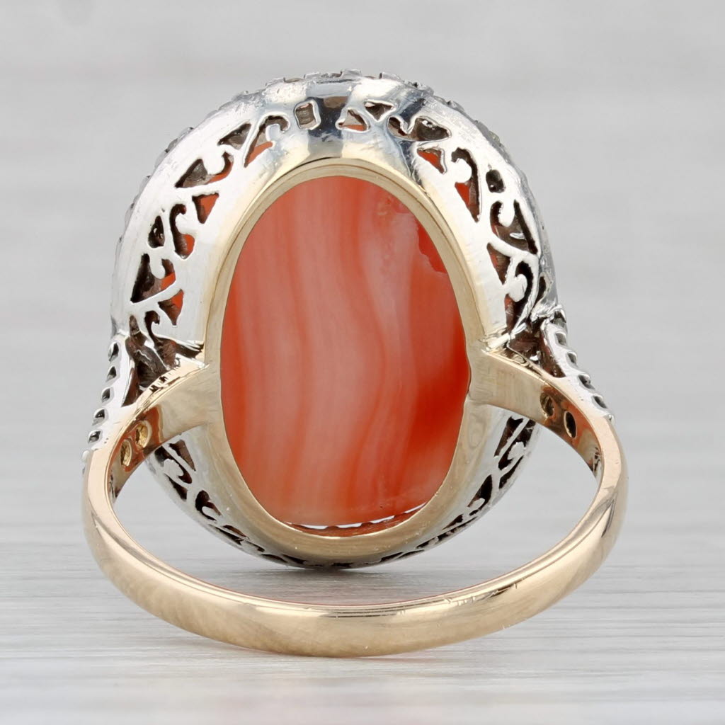Gray Coral Cabochon Diamond Halo Ring 14k Yellow Gold Silver Size 8