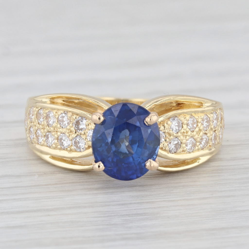 Light Gray 2.42ctw Oval Blue Sapphire Solitaire Diamond 18K Yellow Gold Size 6 Ring GIA