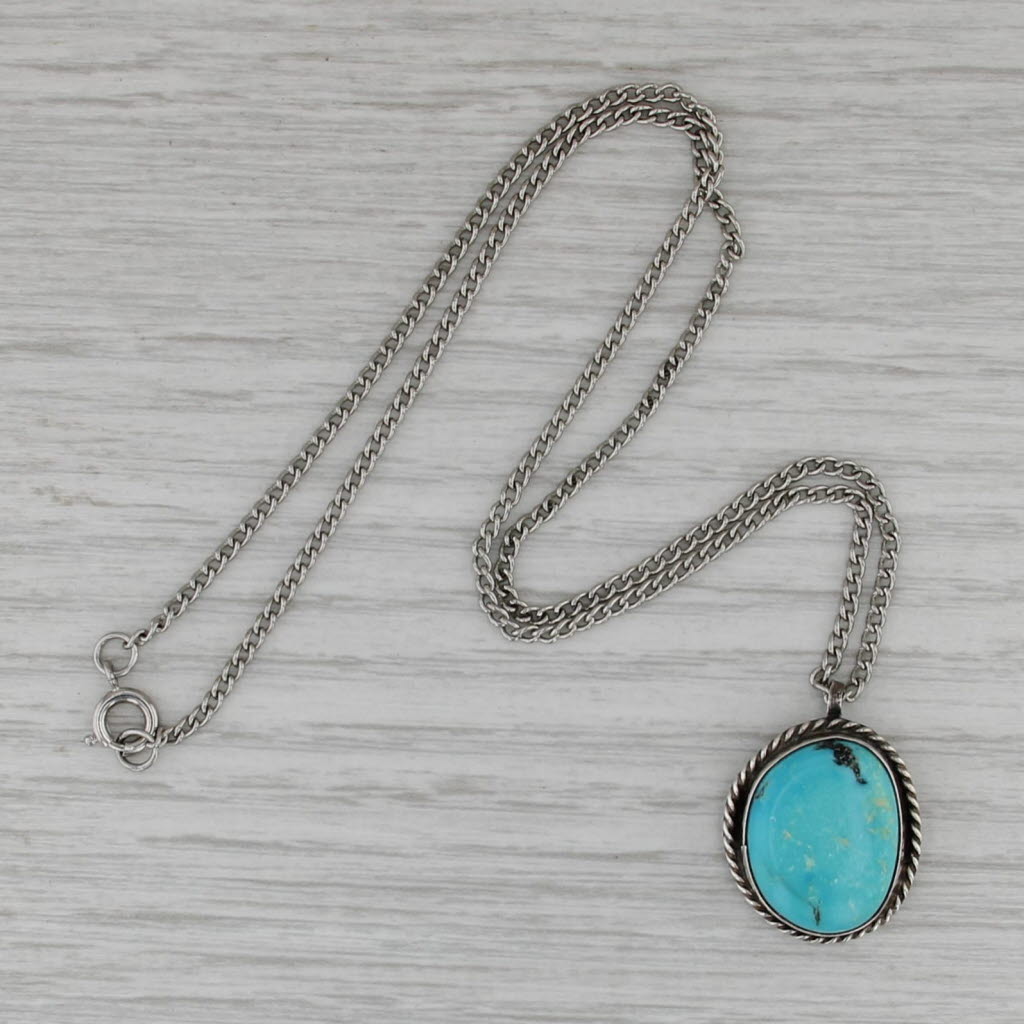 Turquoise Pendant Necklace Sterling Silver 16" Curb Chain Oval Cabochon