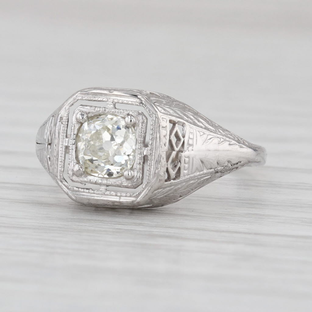 Art Deco Old Mine Diamond Engagement Ring 14k White Gold Filigree Size 5.75