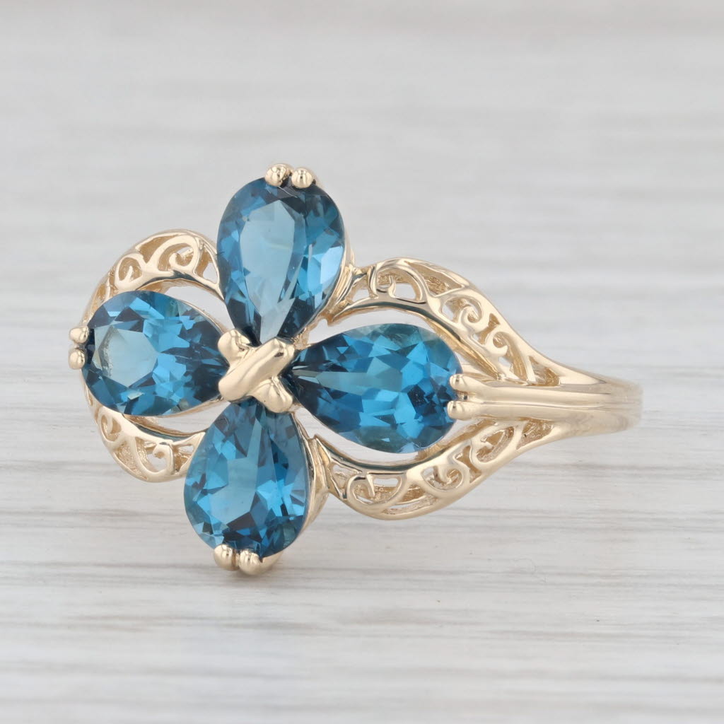 Light Gray 3.20ctw London Blue Topaz Flower Ring 14k Yellow Gold Size 10.25