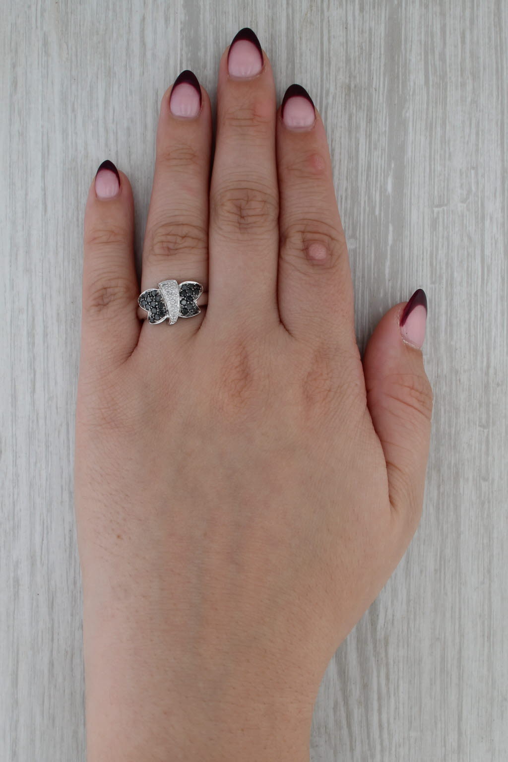 0.48ctw Black White Diamond Butterfly Ring 10k White Gold Size 7-7.25