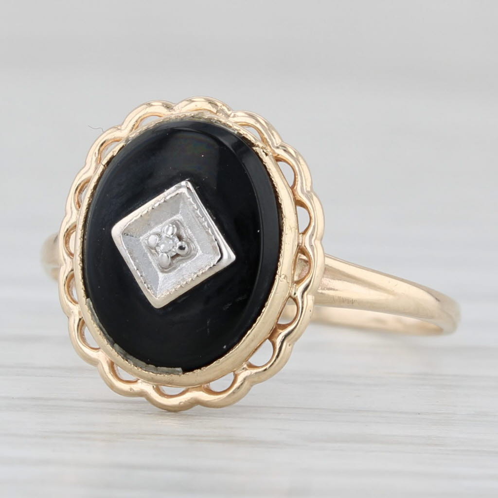 Light Gray Onyx Diamond Signet Ring 10k Yellow Gold Size 6 Vintage