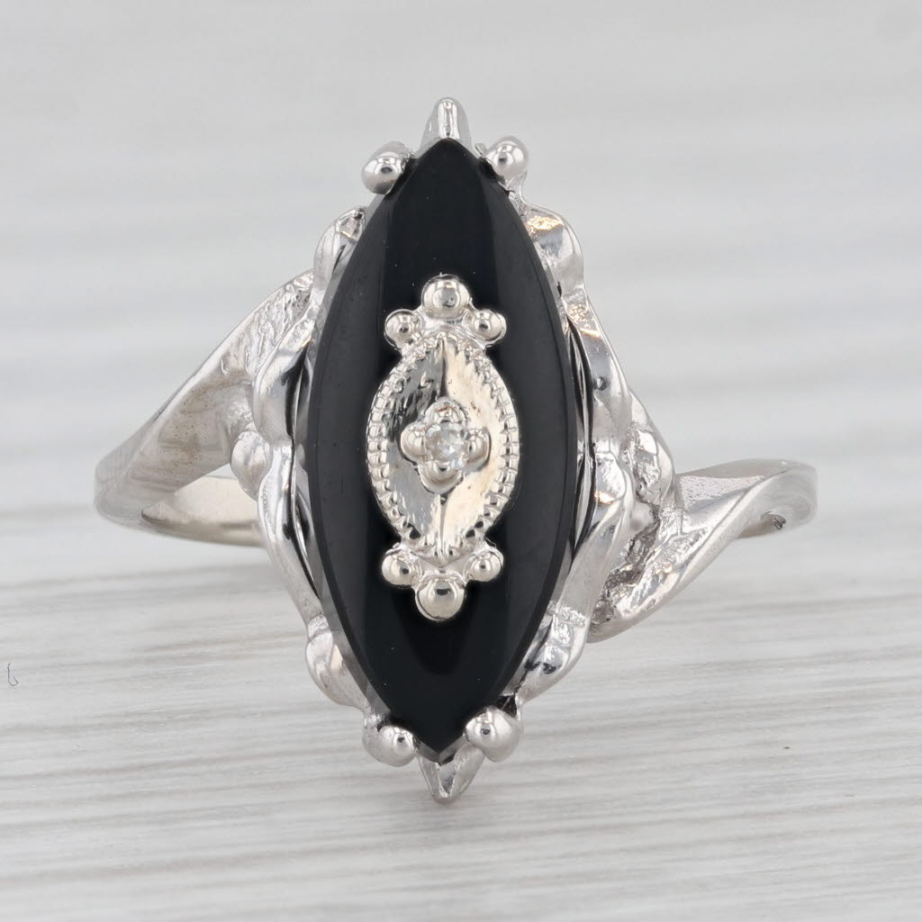 Light Gray Vintage Onyx Signet Ring 10k White Gold Size 5.25 Diamond Accent